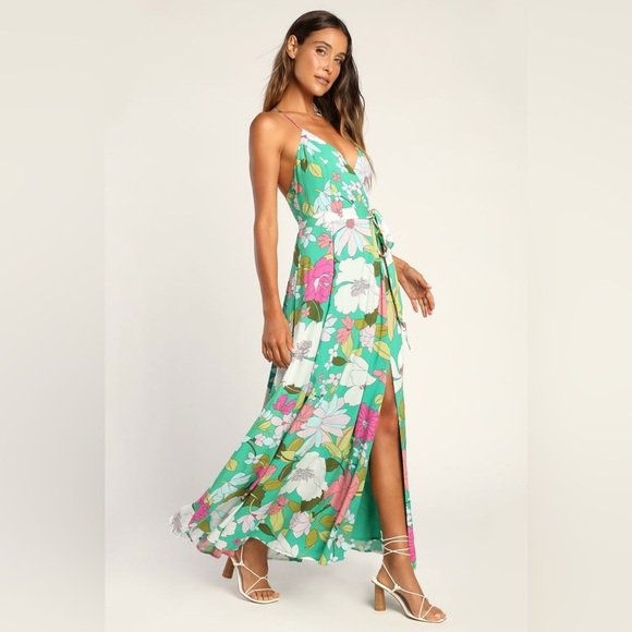 Lulus Dresses & Skirts - LULUS-Groovy Girl Green Floral Print Wrap Maxi Dress-size medium-NWT